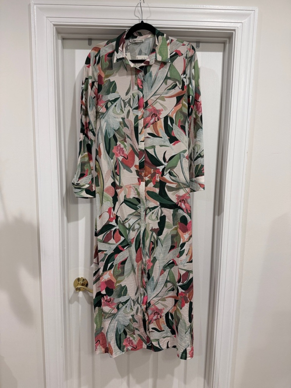 Floral Leaf Print Maxi Shirt Dress - Green/Pink